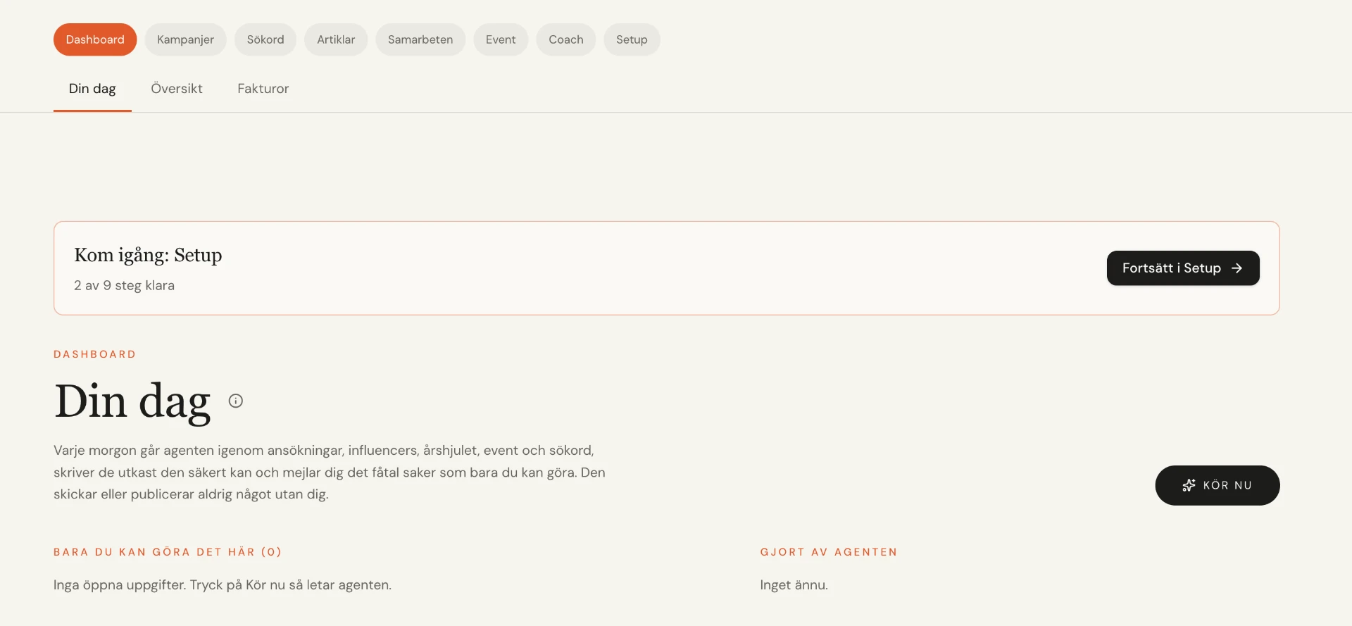 Revenueee prototype daily workspace with setup progress and separate areas for user tasks and agent activity