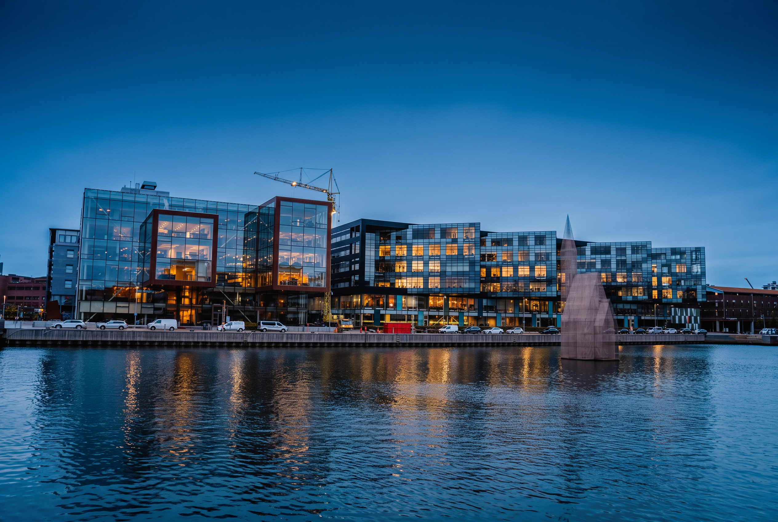 Lindholmen harbour in Gothenburg at dusk, with waterfront buildings glowing against the evening sky